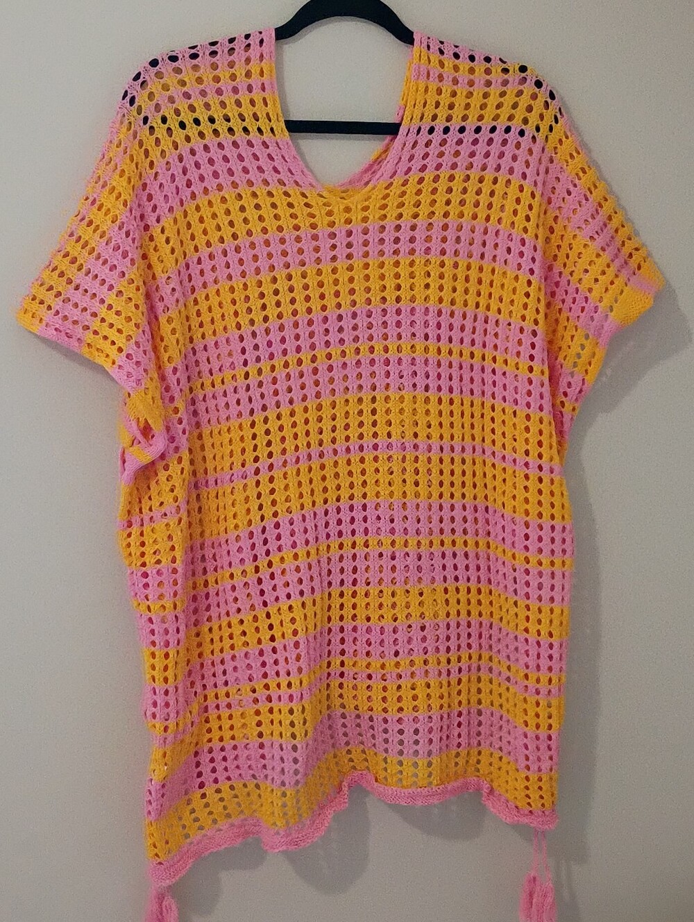 Pink and Yellow Striped Crochet Tunic Cover-Up
